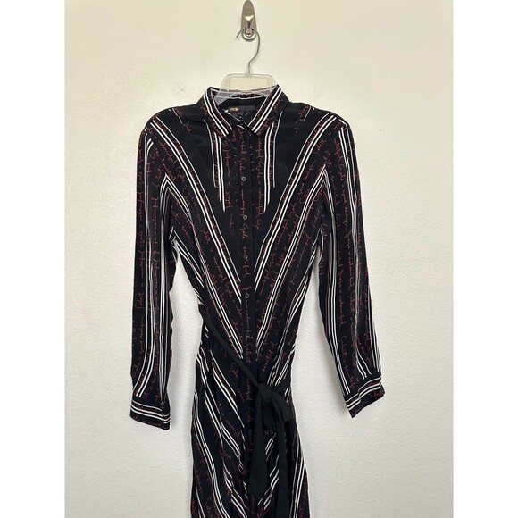 MAJE Regga Shirt Dress Chevron Stripe Print Logo Lettering Belt Black Size 1 (S) - Picture 3 of 13